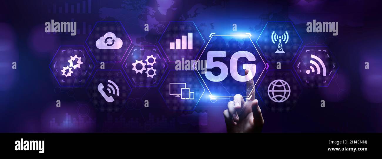 5G New generation high speed wireless mobile internet connection concept. Stock Photo