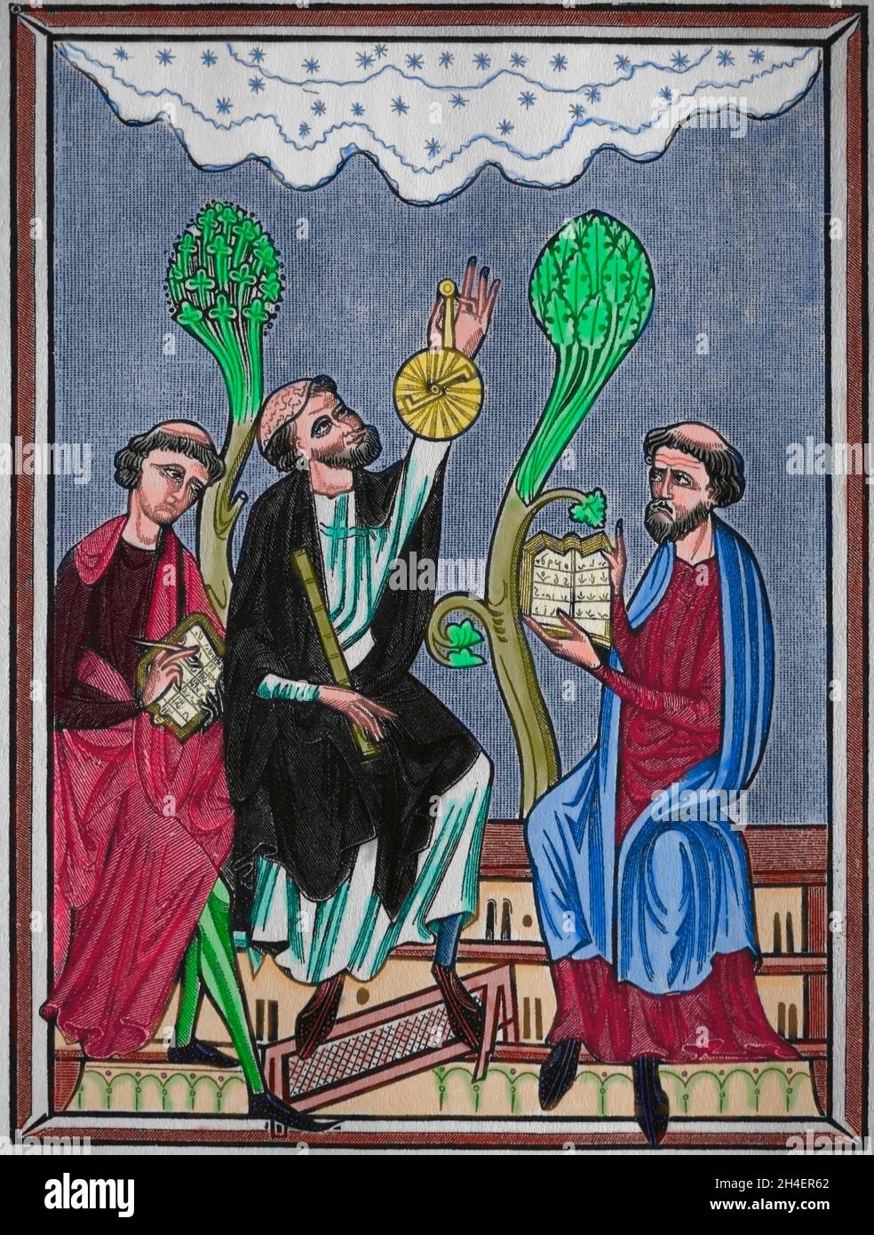 Astronomy lesson. The figure in the centre is using an astrolabe. Engraving, 19th century, afther a miniature from Braviary of St. Luis, 13th centry. Stock Photo