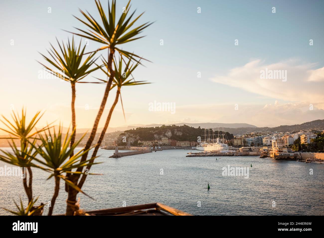Panoramic view of the cliffs near the harbor of Nice, France. Photo taken from the Mont Boron side of the harbor, overlooking Le Plongeoir. Stock Photo