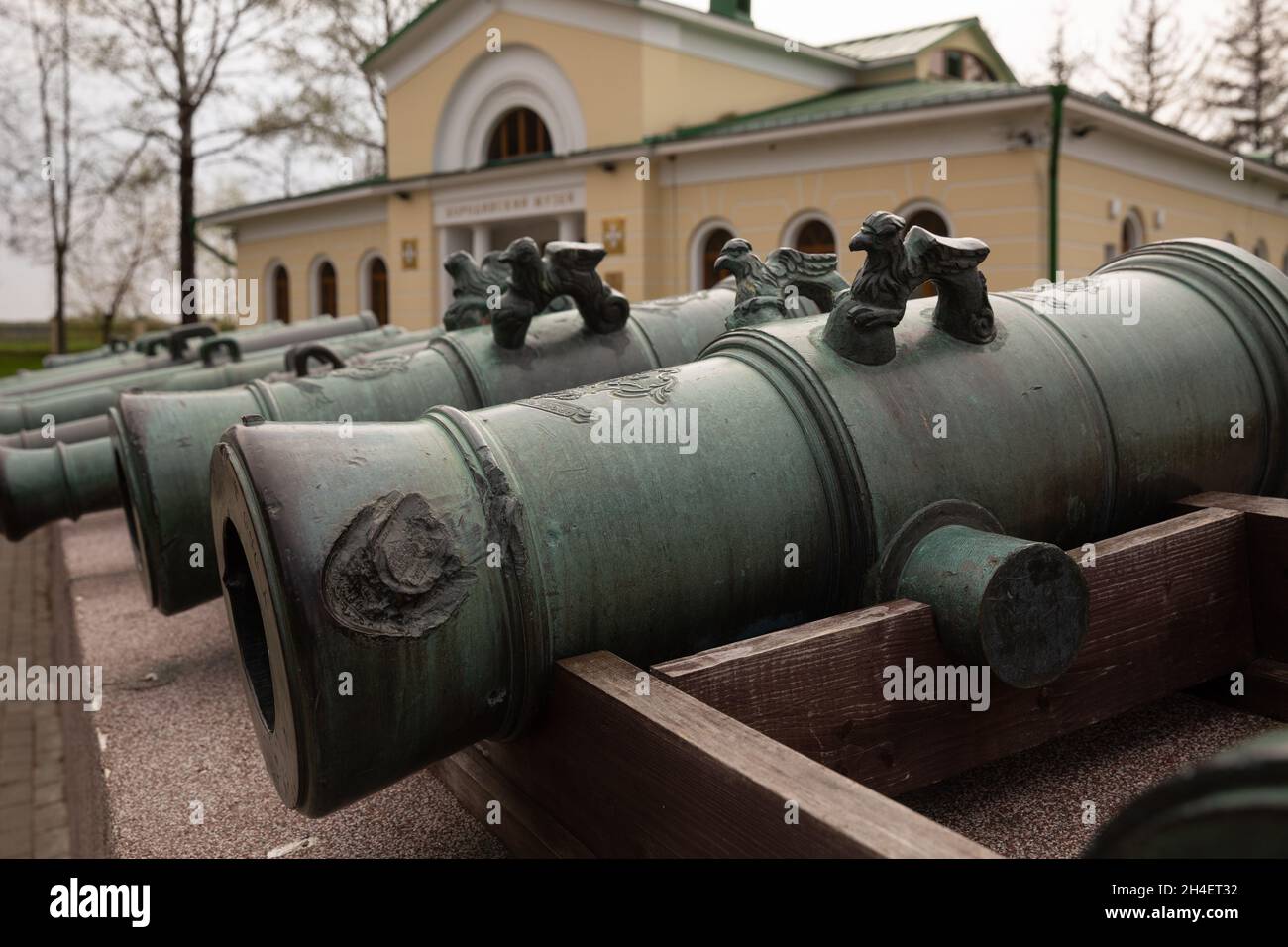 Borodino, Moscow region, Russia - May 12, 2021: Captured French cannons in front of the building of the military-historical museum of the Battle of Bo Stock Photo