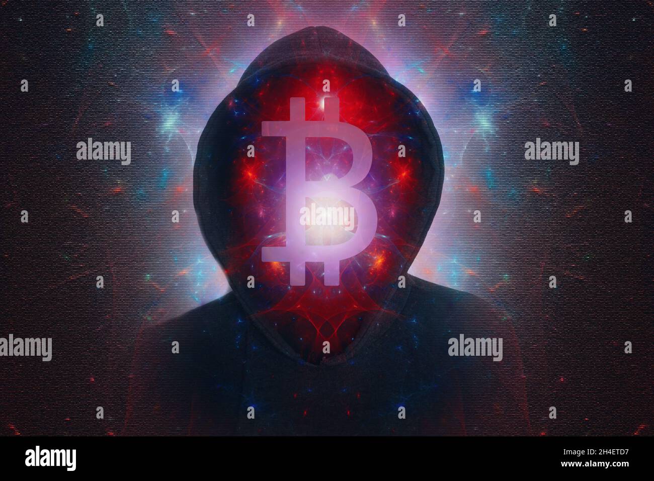 A cryptocurrency concept. Of a hooded figure with the bitcoin symbol ...