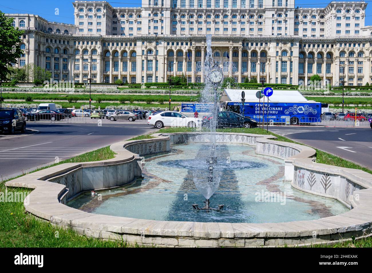 Bucharest, Romania, 6 May 2021: The Palace of the Parliament also known as People's House (Casa Popoprului) in Constitutiei Square (Piata Constitutiei Stock Photo