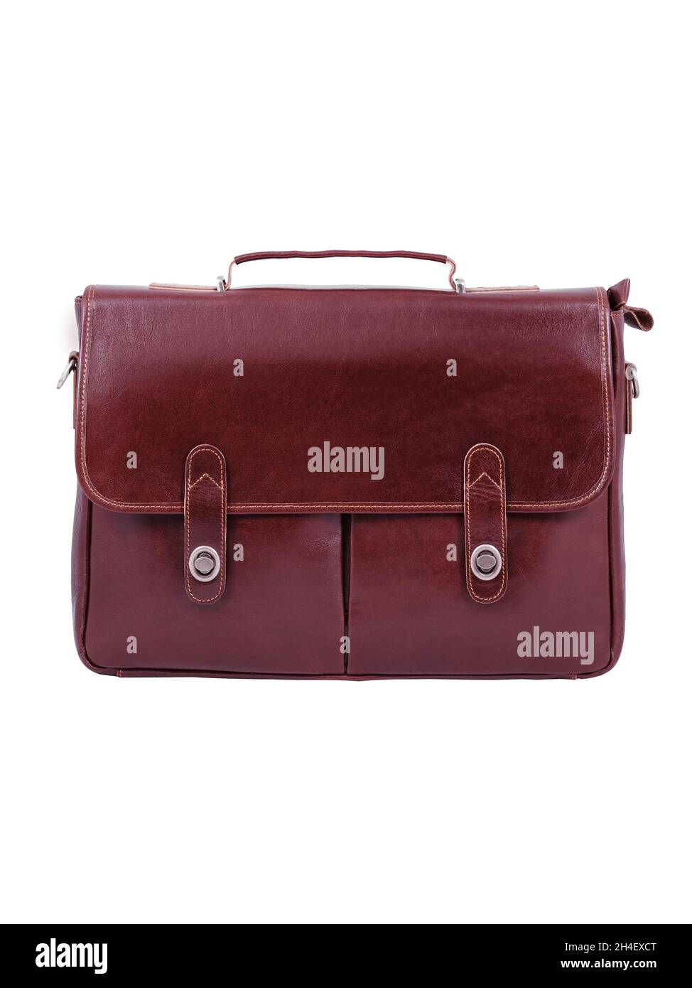 Leather briefcase from brown leather isolated on white background. Business briefcase front view