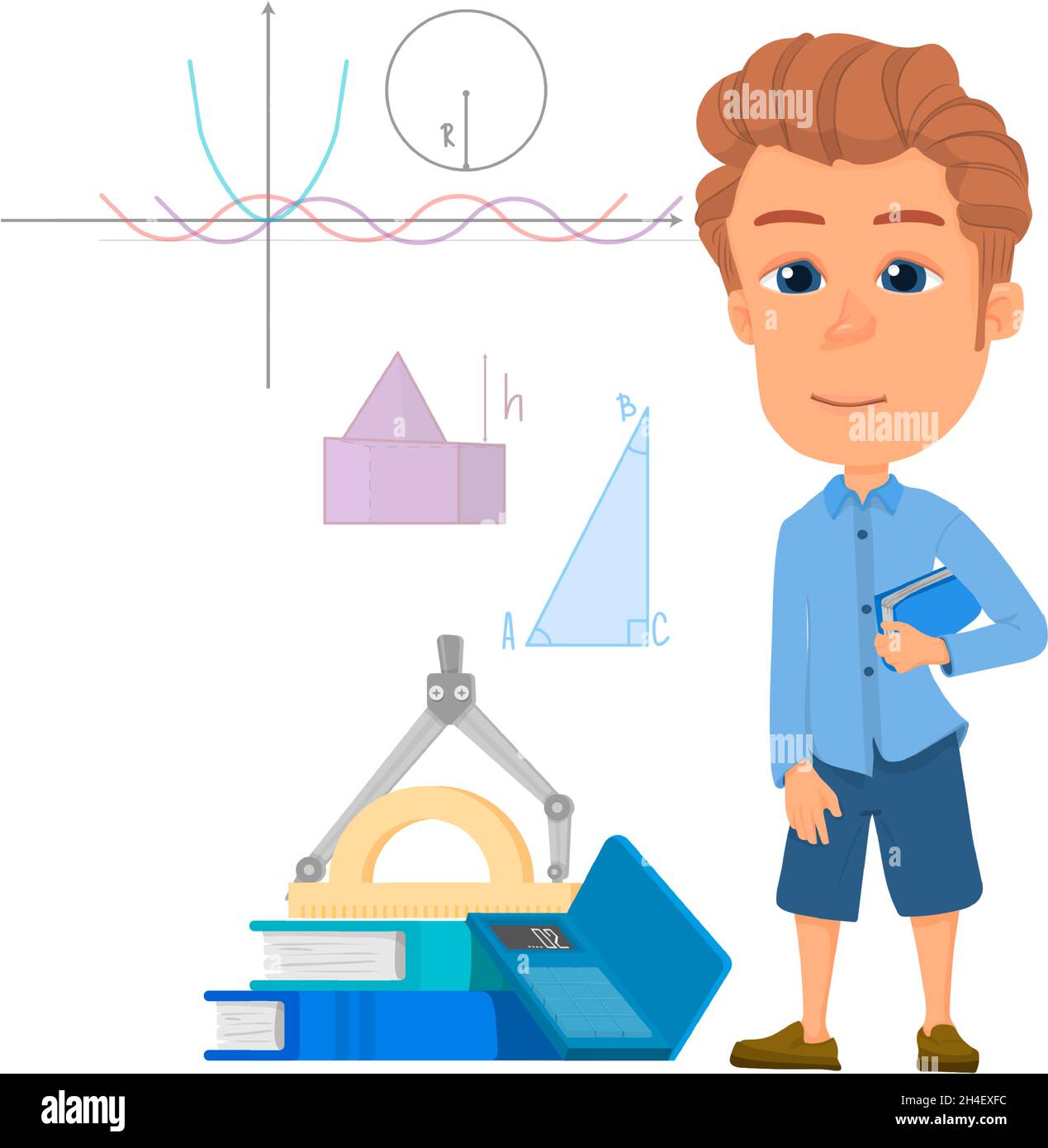 Boy learning math. Geometry studying concept, Cartoon kid student Stock Vector