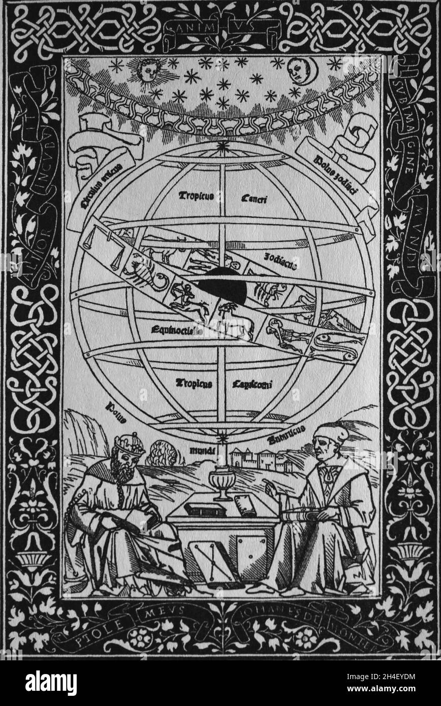 Ptolomy's Systems explained by Johann Müller, called Regiomontanus (right). Engraving, 1543. Stock Photo