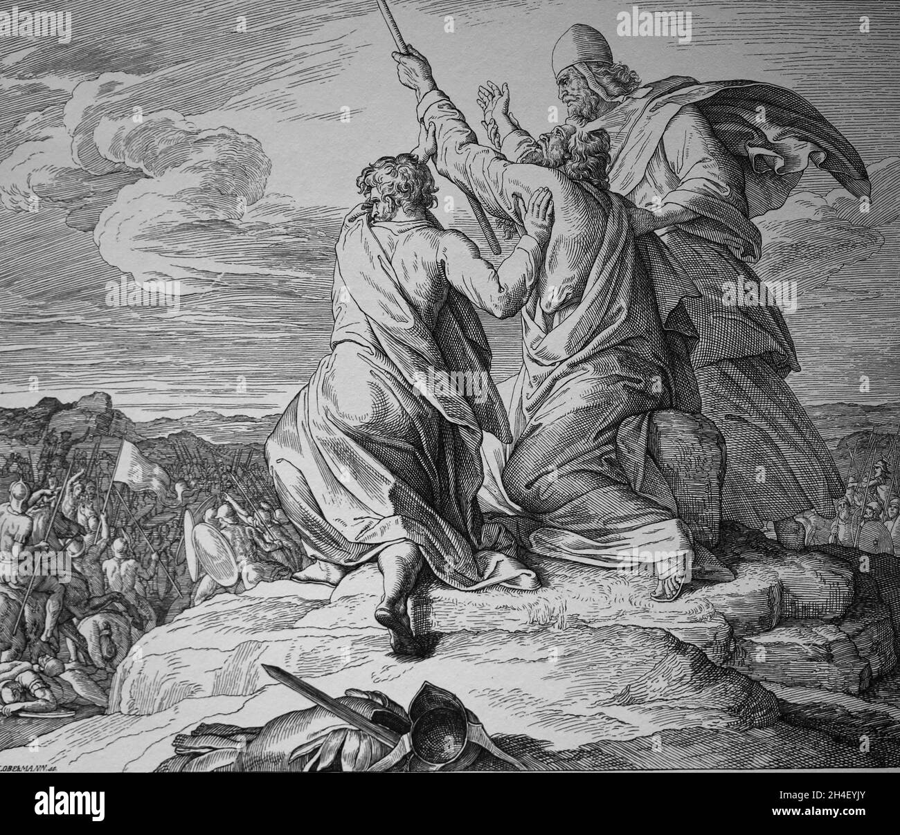 Bible. Exodus, Chapter 17. Moses prays during the Battle against Amalek. Engraving. Stock Photo