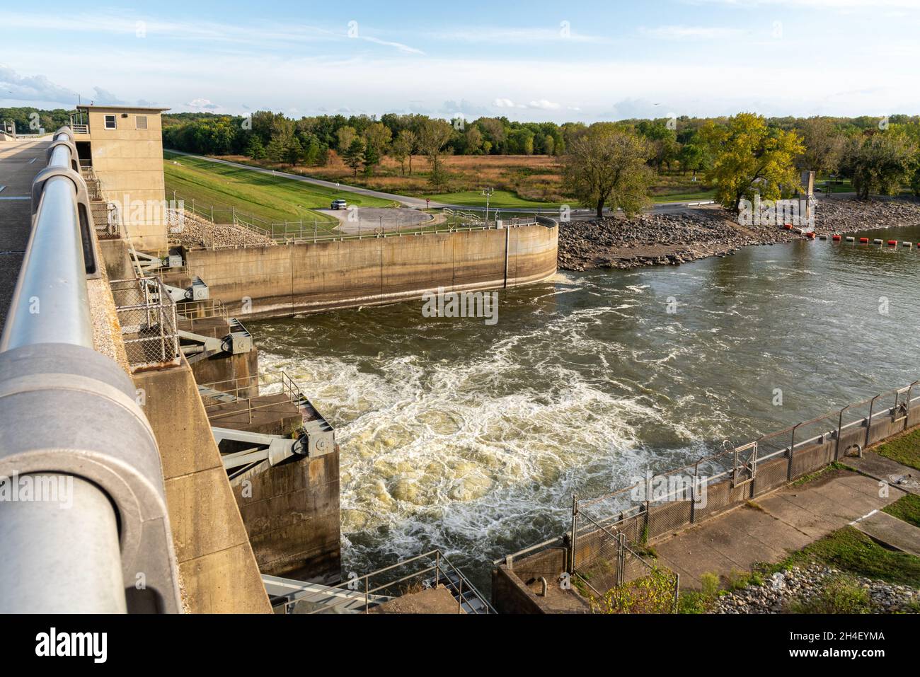Shooting down from Carlyle Dam in Il. onto flat wooded plains and
