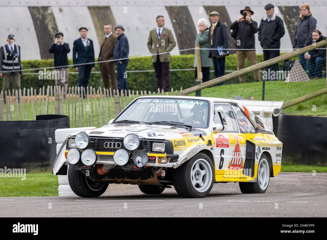 1985 Audi Sport Quattro S1 E2 with driver Lee Kedward during the Super Special stage at Goodwood 78th Members Meeting, Sussex, UK. Stock Photo
