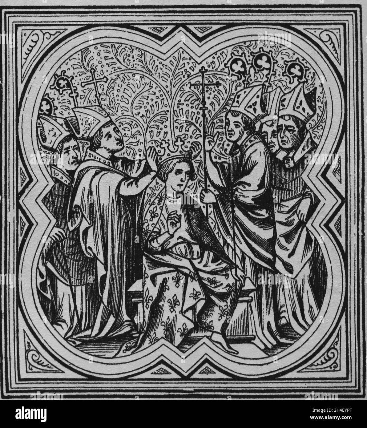 Coronation of Charlemagne, by pope Leon III, 799. A 19th version based on a original engraving of 14th century. Stock Photo