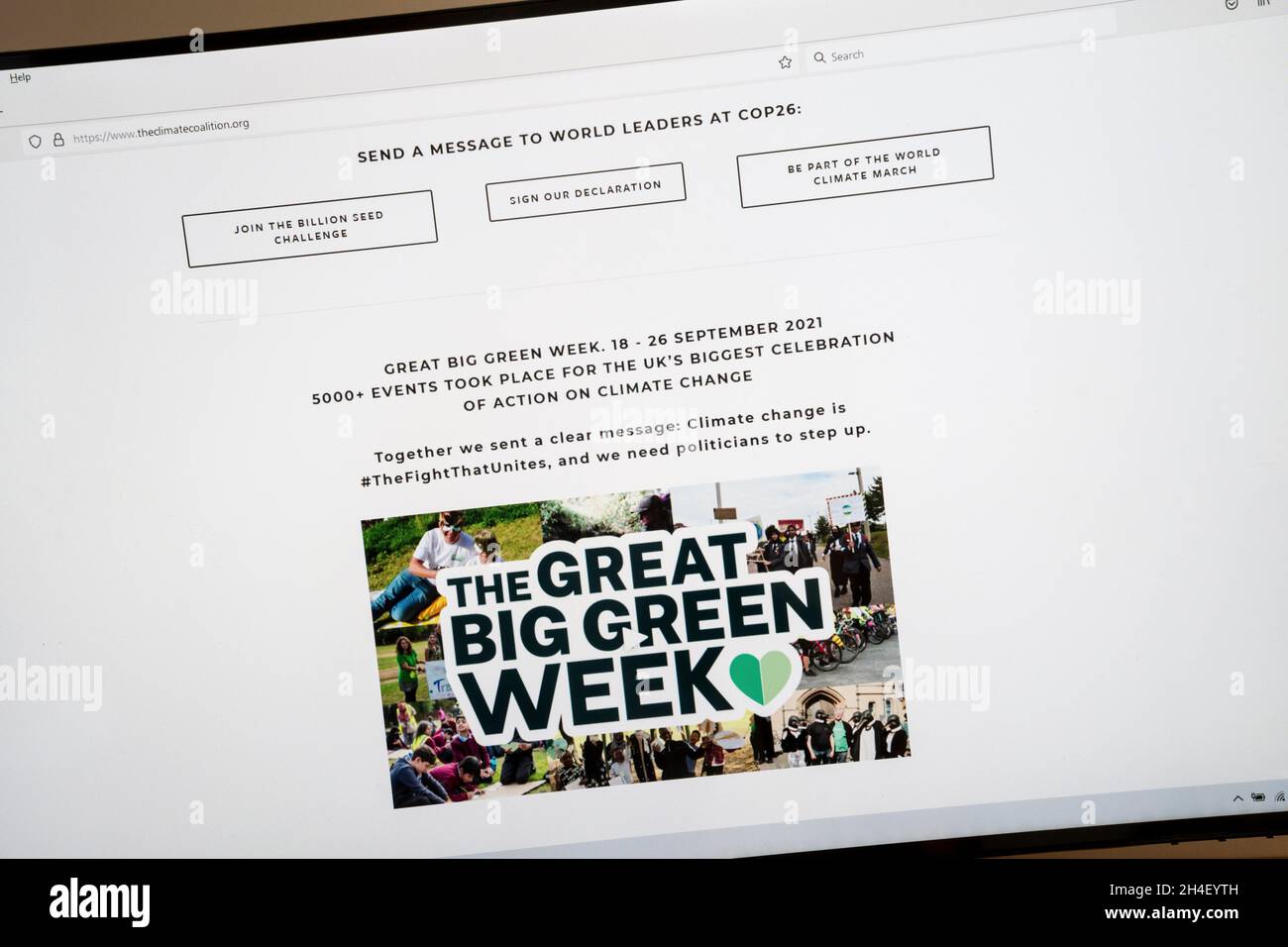 Web site home page of The Climate Coalition environmental campaign group. Stock Photo