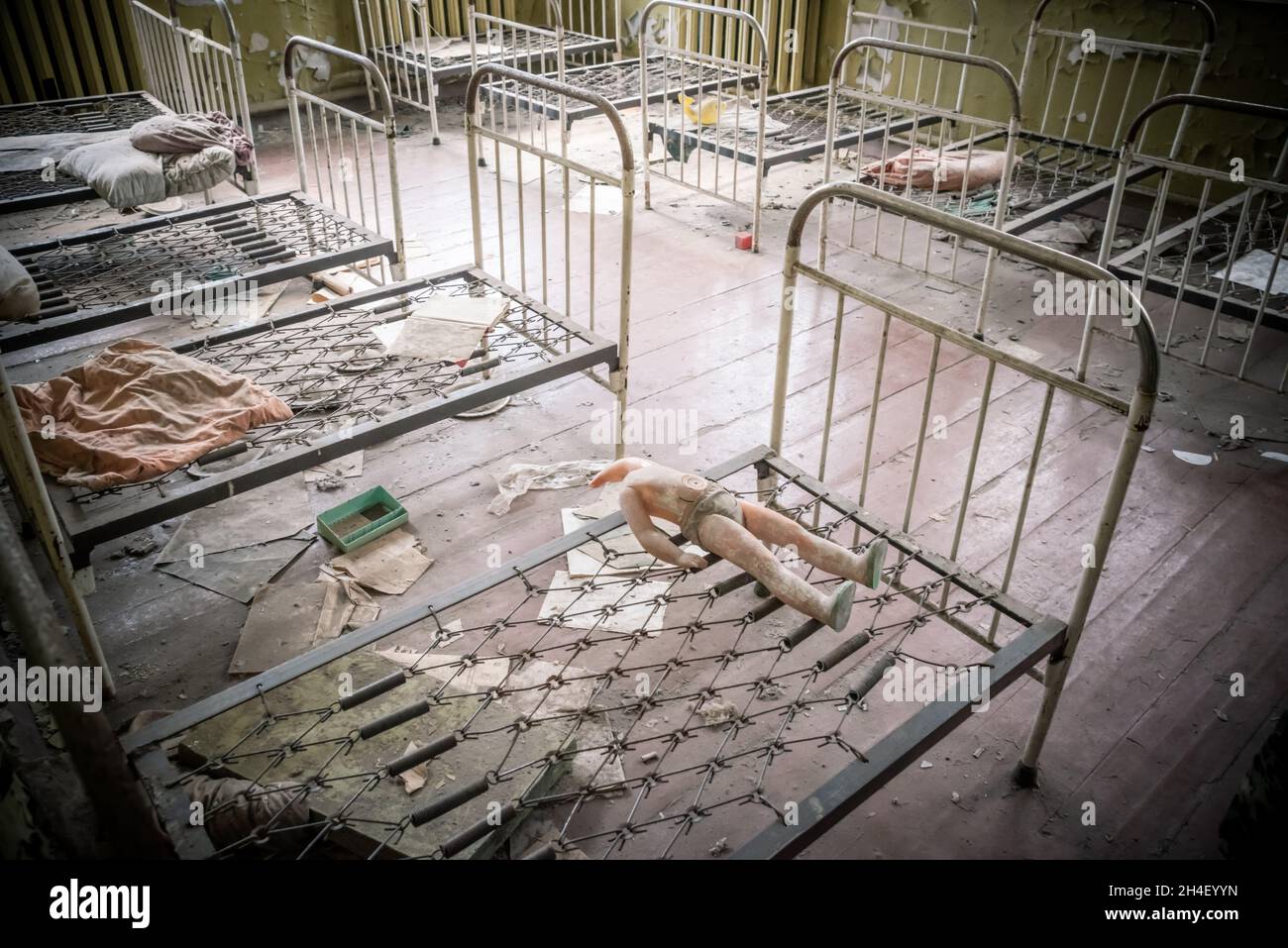 Bedroom in abandoned kindergarten Cherrnobyl zone, Ukraine Stock Photo