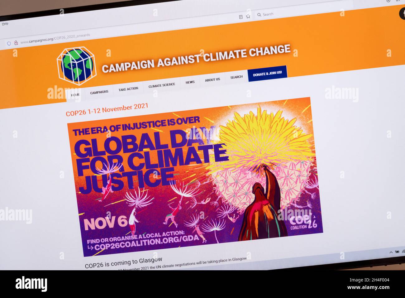 Web site home page of the Campaign Against Climate Change environmental campaign group. Stock Photo