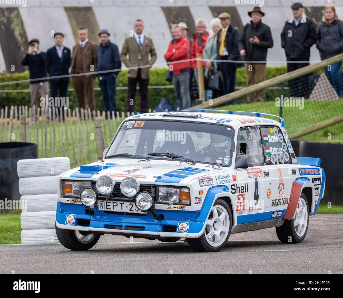 Lada 2105 VFTS rally car with driver Tim Bendle during the Super Special stage at Goodwood 78th Members Meeting, Sussex, UK. Stock Photo