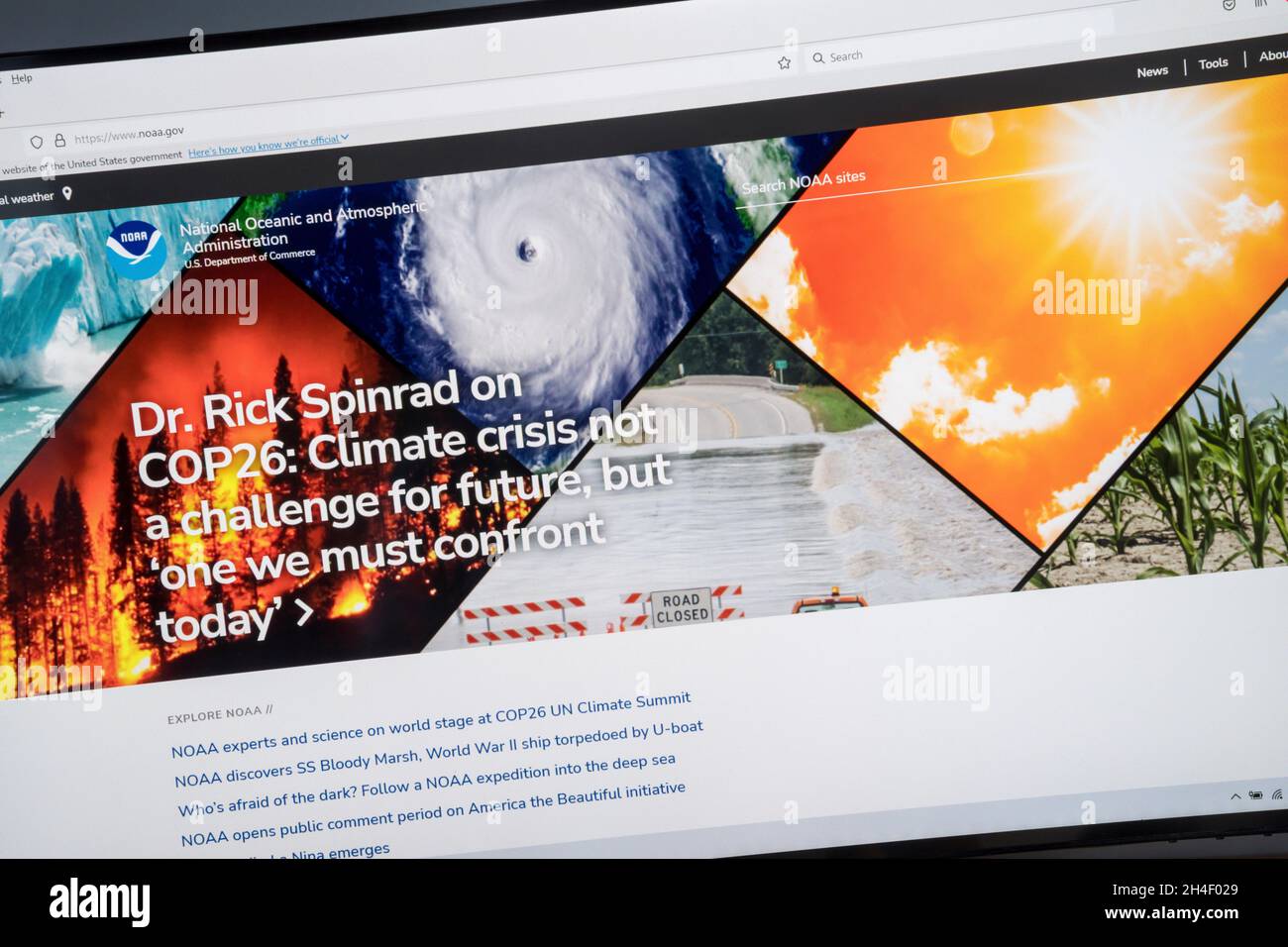 Web site home page of US National Ocean and Atmospheric Administration. Stock Photo