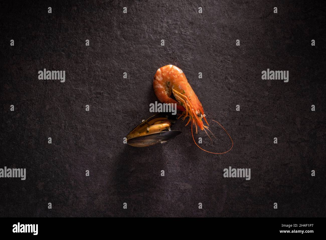 Cooked Prawn and Mussel on slate background Stock Photo