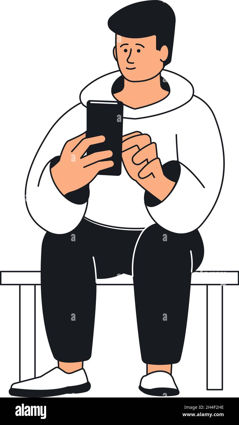 Man holding phone. Person using social media. Sitting guy using smarthone Stock Vector