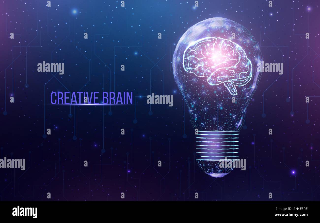 Wireframe polygonal human brain in a lightbulb. Business idea ...