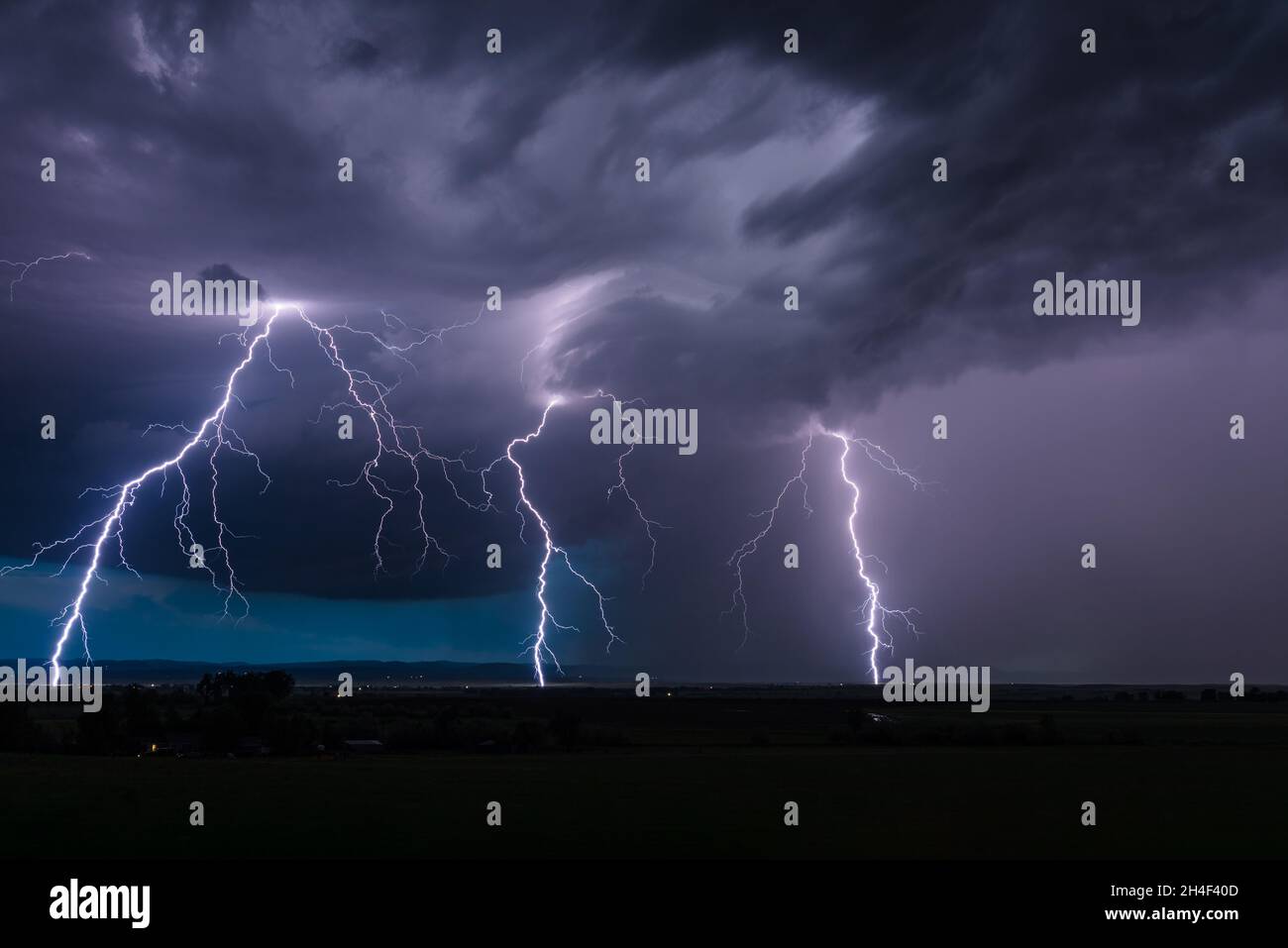 Thunderstorm lightning bolts and storm clouds over Sturgis, South Dakota Stock Photo