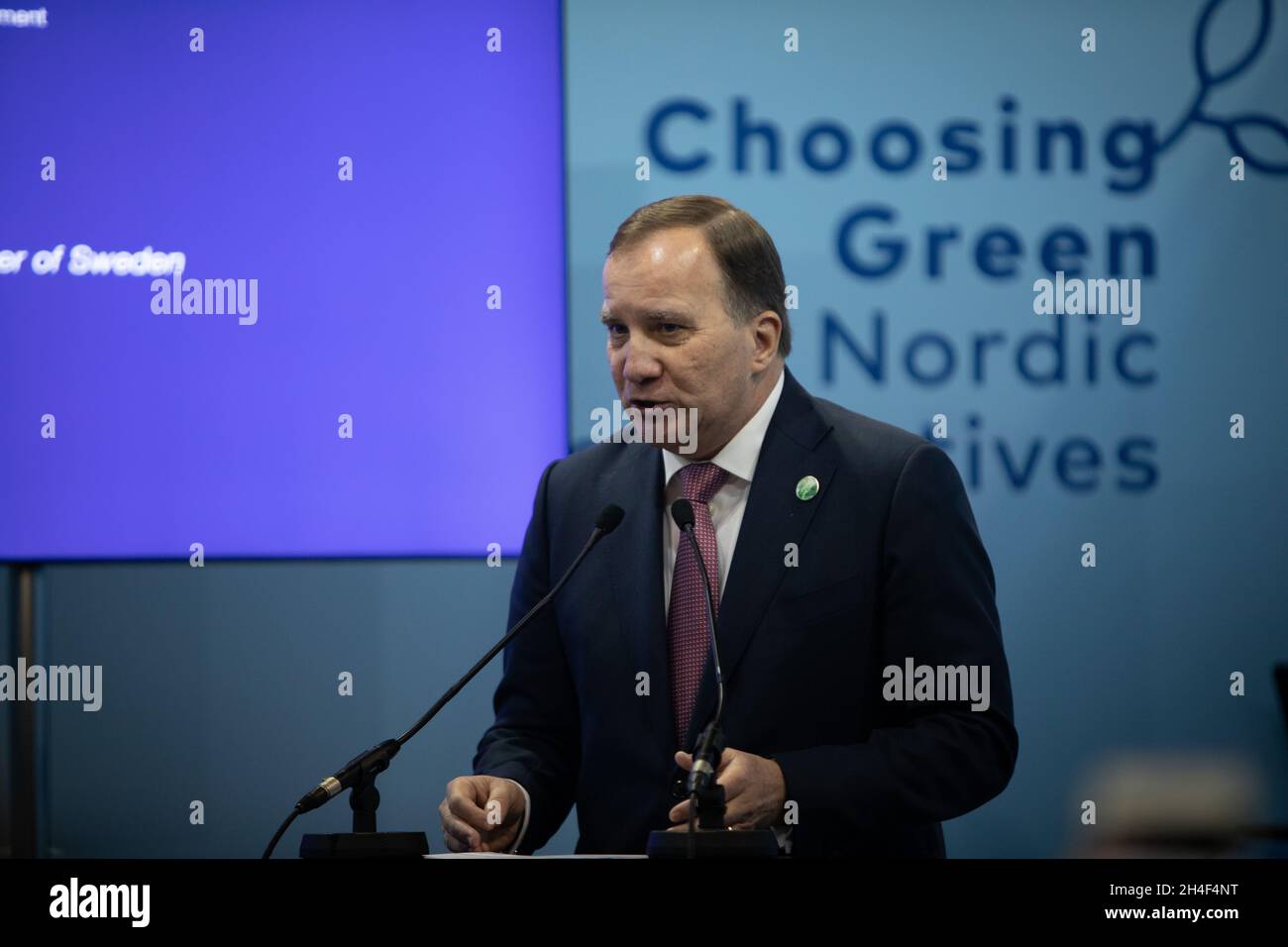 Glasgow, UK. Stefan Löfven, Prime Minister of Sweden, speaking at a Nordic Countries meeting, at the 26th UN Climate Change Conference, known as COP26, in Glasgow, Scotland, on 2 November 2021. Photo: Jeremy Sutton-Hibbert/Alamy Live News, Stock Photo