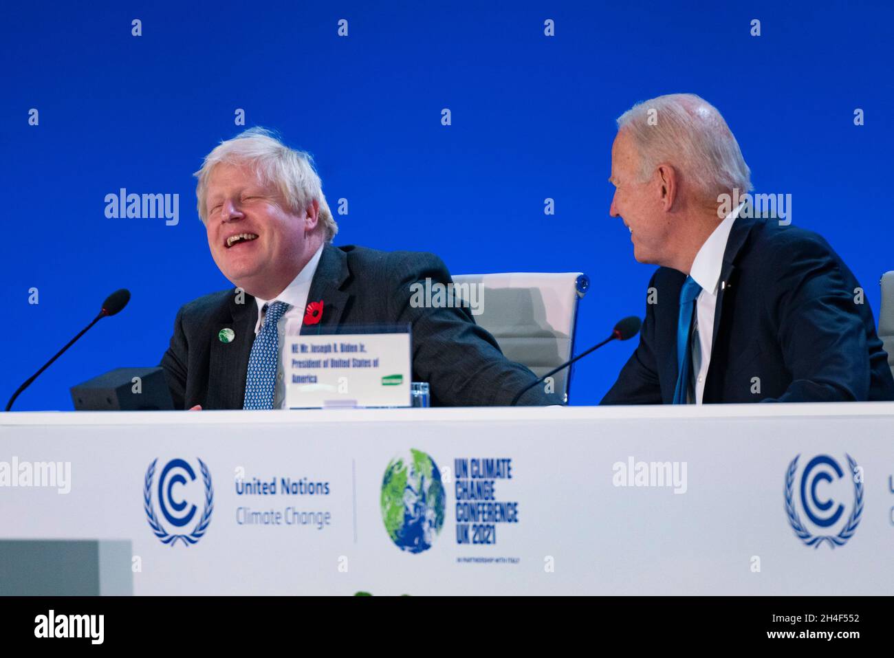 Glasgow, Scotland, UK. 2nd November 2021.  World leaders make climate change speeches at COP26 in Glasgow. They spoke during the World Leaders' Summit 'Accelerating Clean Technology Innovation and Deployment' session on day 3 of the conference. Pic; Boris Johnson and Joe Biden share a joke. Iain Masterton/Alamy Live News. Stock Photo