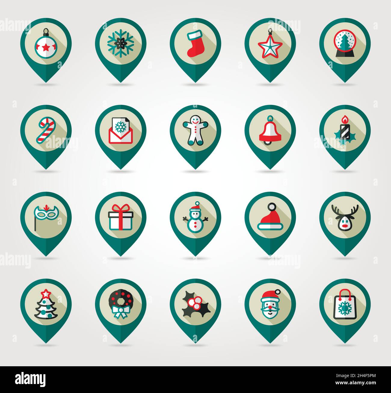 Christmas flat pin map icon set. Map pointer. Map markers. Vector illustration EPS10. Holiday objects collection. Vector illustration Stock Vector
