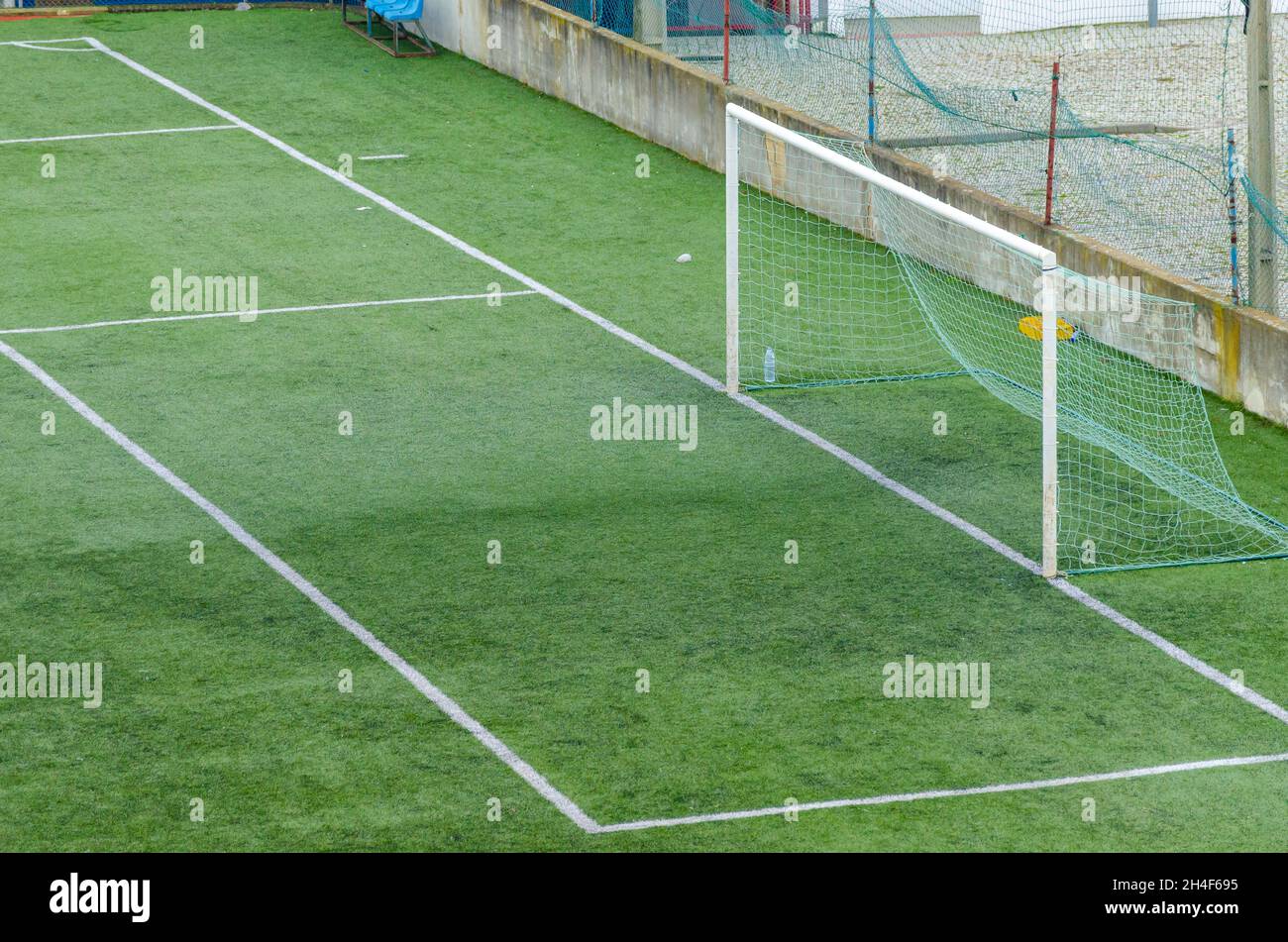 Aerial view of the area and the goal box of a soccer field Stock Photo