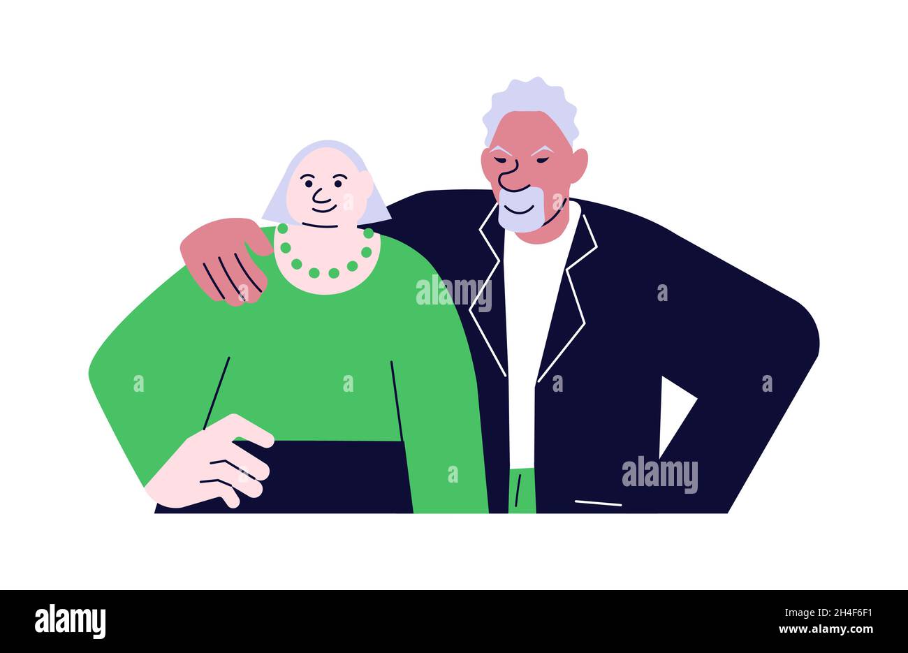Elderly couple people family together. Afro Senior hugs his wife shoulders portrait. Flat Art Vector Illustration Stock Vector