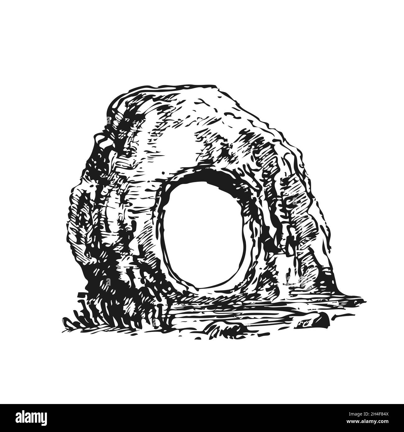 Menhirs, stones with round hole of unknown origin, vector illustration. Graphic drawing sketch. Megaliths Stone Age. Stock Vector