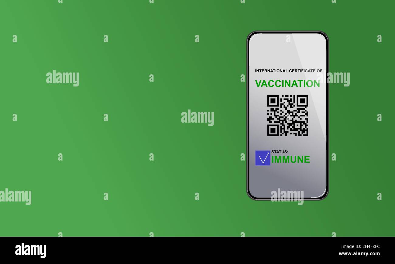 QR code on a smartphone with vaccination mark. Stock Vector