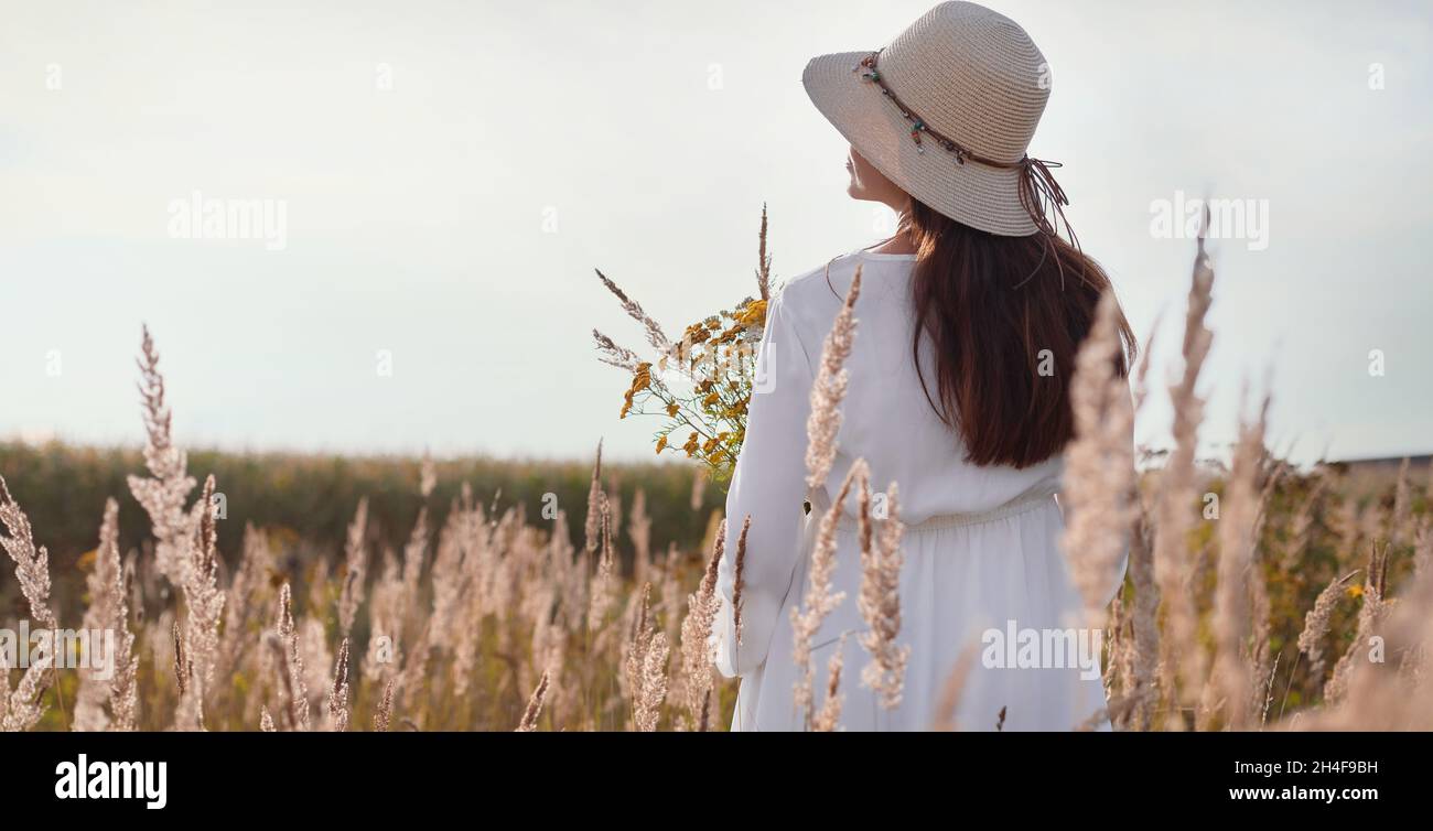 A woman holds a bouquet of wild flowers. A woman collecting flowers / herbs in nature. Copy space, banner. Stock Photo
