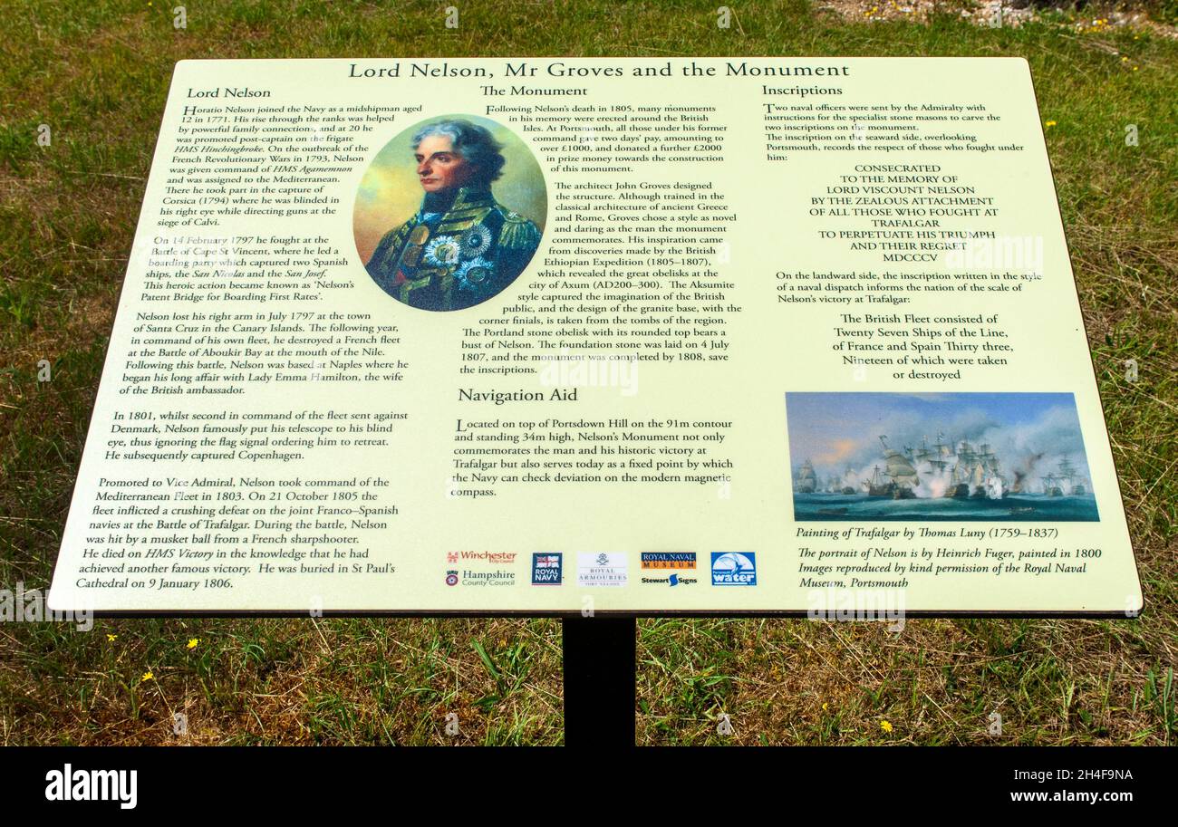 Tourist information board at the Nelson Monument, Portsdown Hill, Portsmouth, Hampshire, England, UK Stock Photo