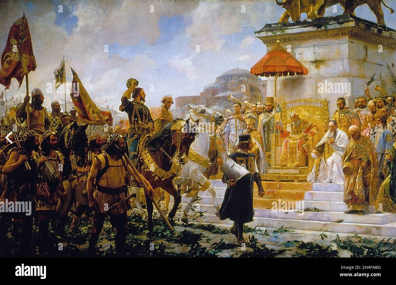 ROGER de FLOR (1267-1305) Neapolitan soldier enters Constantinople watched by the Byzantine emperor Andronicus II Palaeologus in September 1302. An 1888 painting by José Carbonero Stock Photo