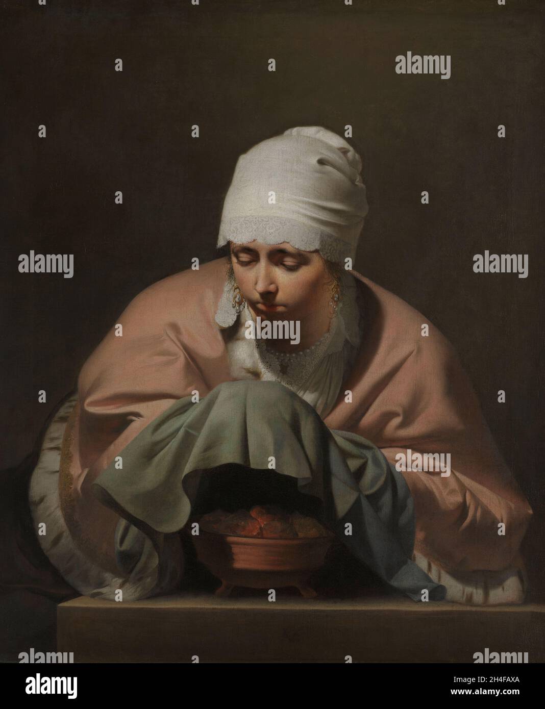 A Young Woman Warming her Hands over a Brazier - Allegory of Winter, Caesar Boëtius van Everdingen, Rijksmuseum, Amsterdam Stock Photo