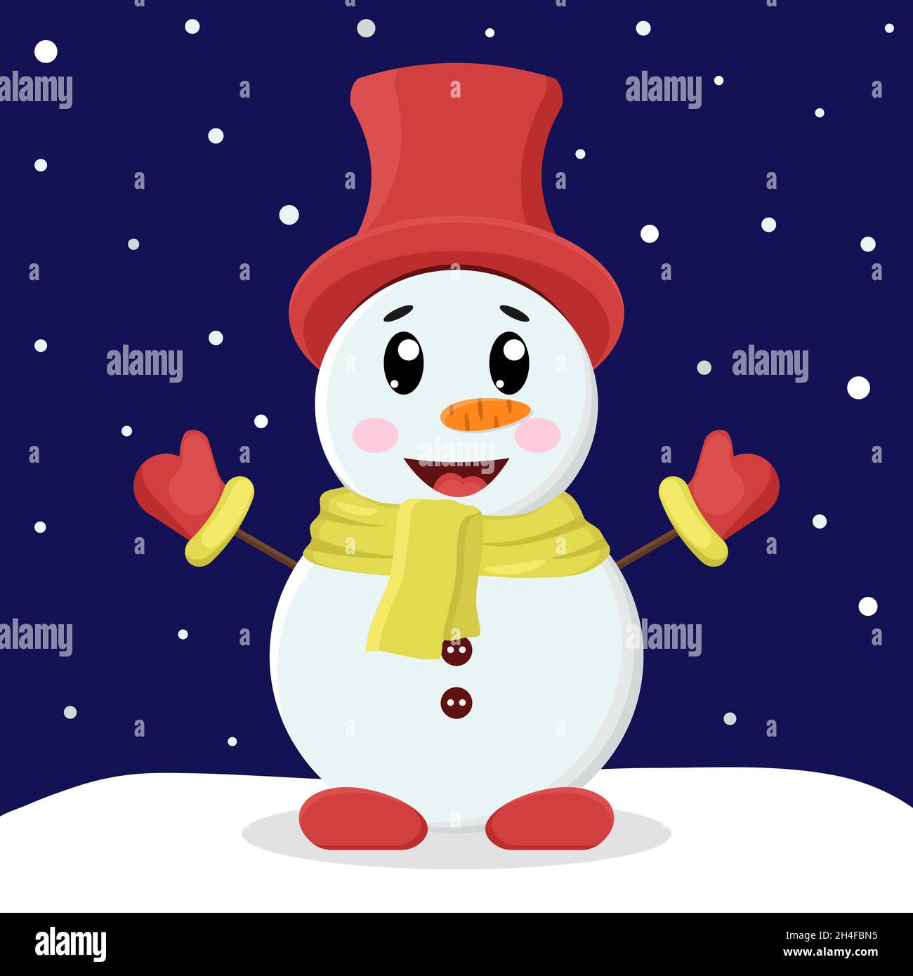 Snowman in hat and mittens rejoices in the snow Stock Vector