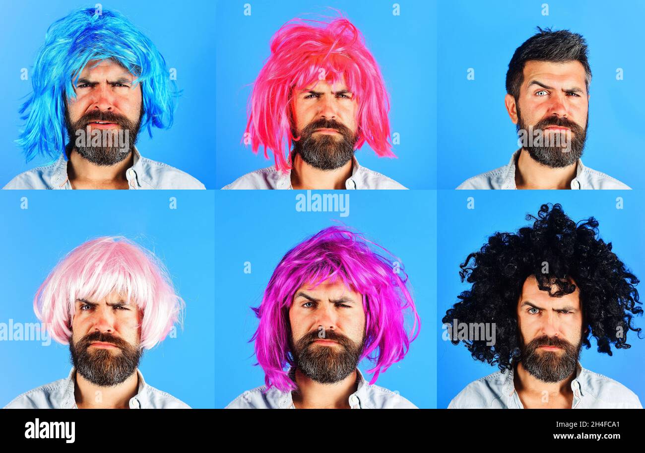 Set of bearded man in color wig. Different human emotions. Collage of Face expression. Barbershop concept. Feeling and emotion. Stock Photo