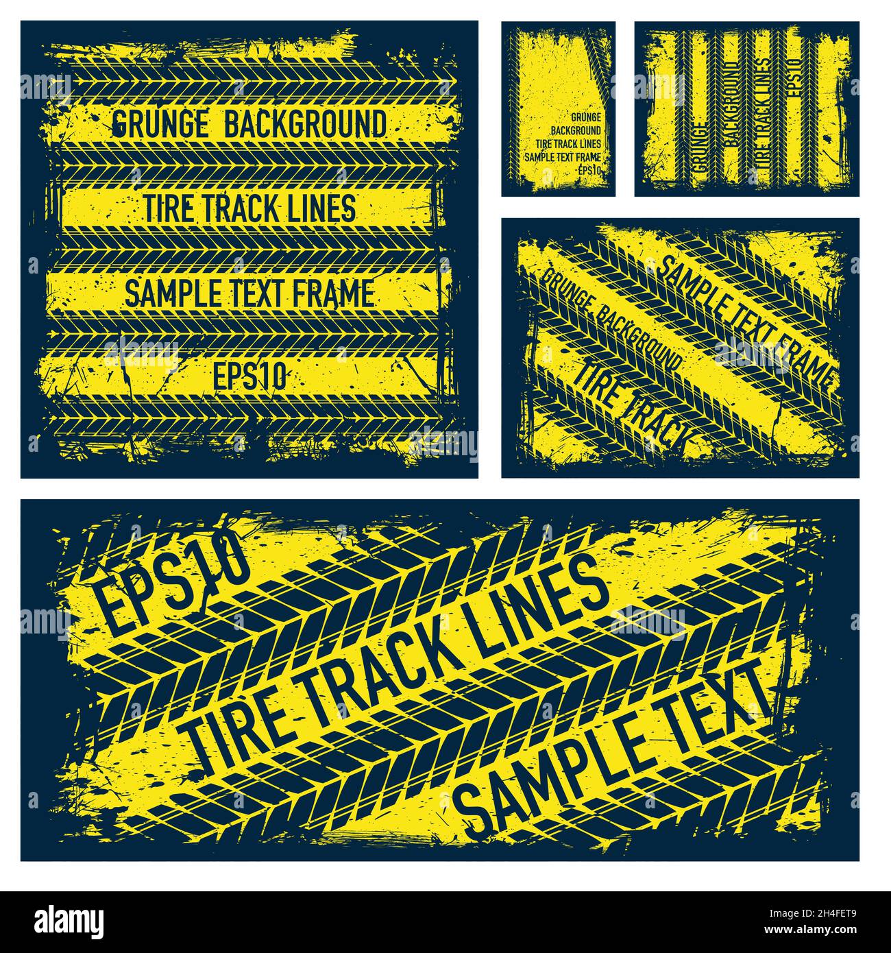 Grunge text tire tracks frames set Stock Vector