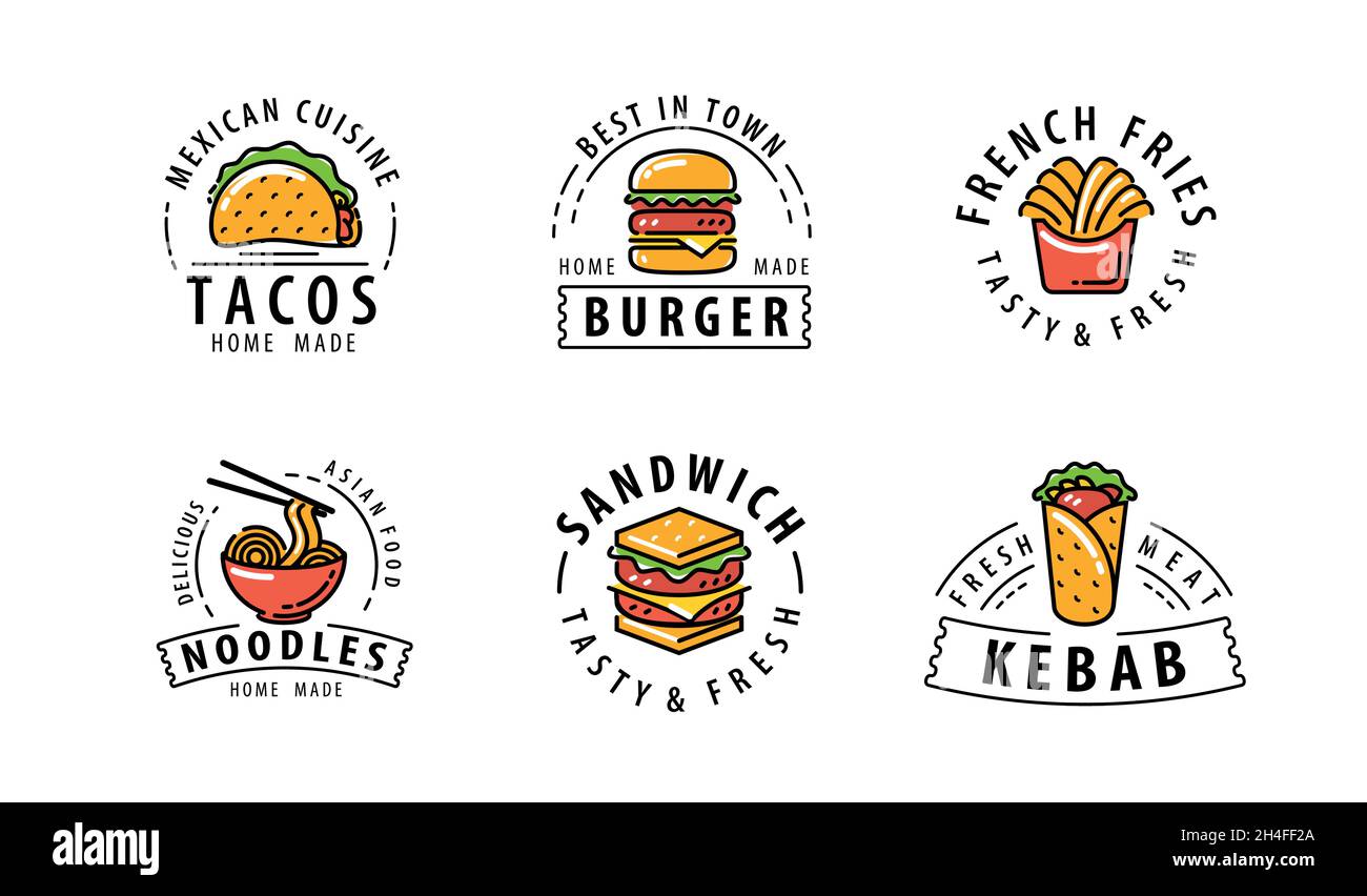 Food logo set. Labels or restaurant menu, cafe. Vector illustration Stock Vector