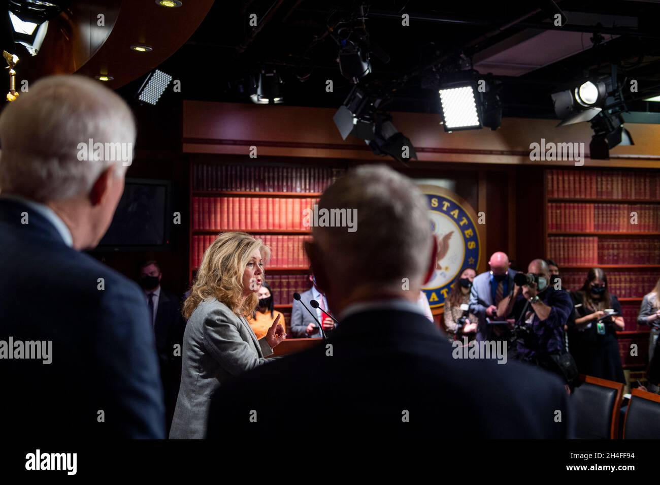 Washington, United States Of America. 02nd Nov, 2021. United States Senator Marsha Blackburn (Republican of Tennessee) offers remarks on the National Defense Authorization Act (NDAA) during a news conference at the US Capitol in Washington, DC, Tuesday, November 2, 2021. Credit: Rod Lamkey/CNP/Sipa USA Credit: Sipa USA/Alamy Live News Stock Photo