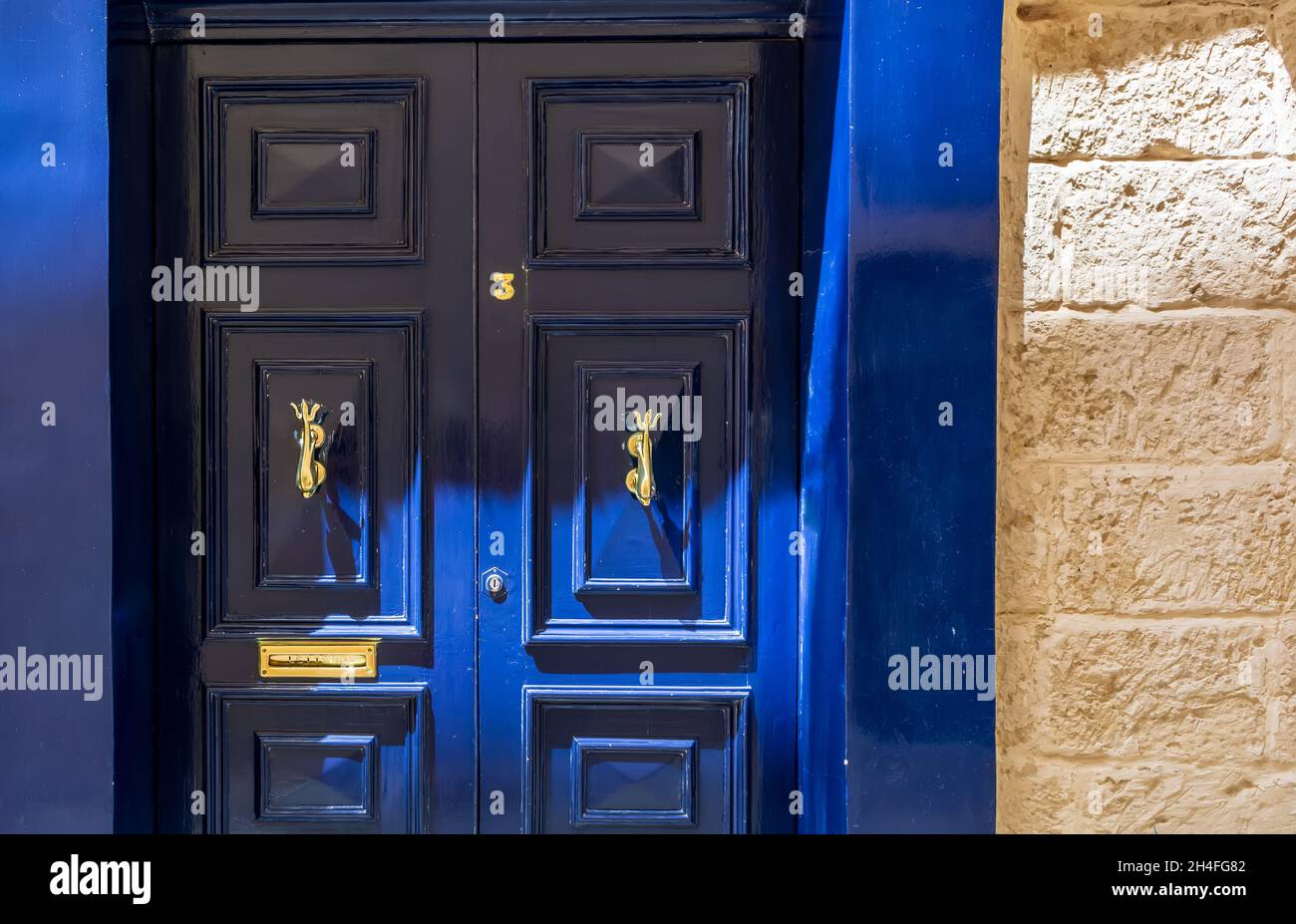 Blue wooden door with golden vintage knockers as dolphin with a trident-shaped tails and golden decorative mail slot Stock Photo