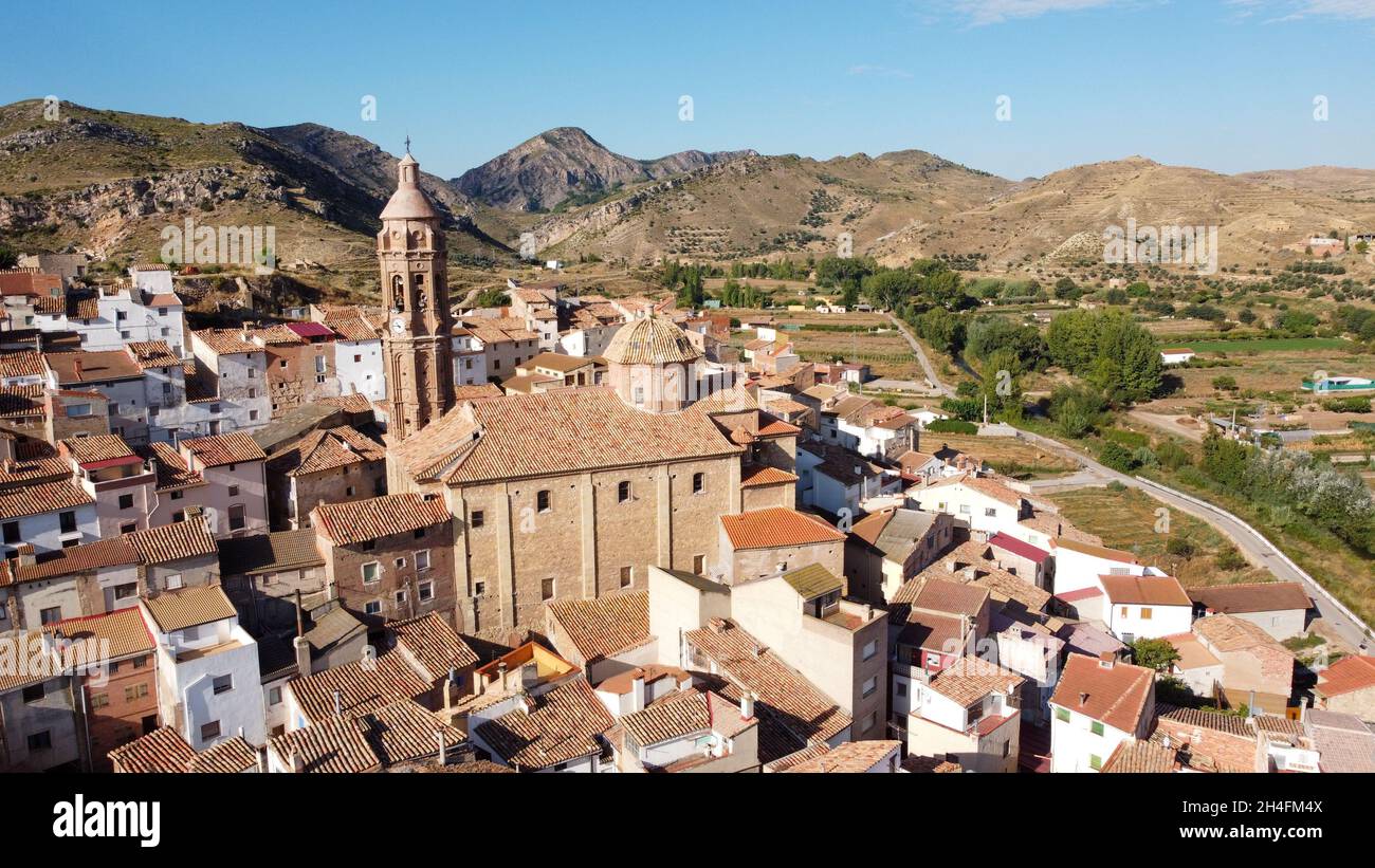Oliete, Teruel, panoramic view by dron Stock Photo