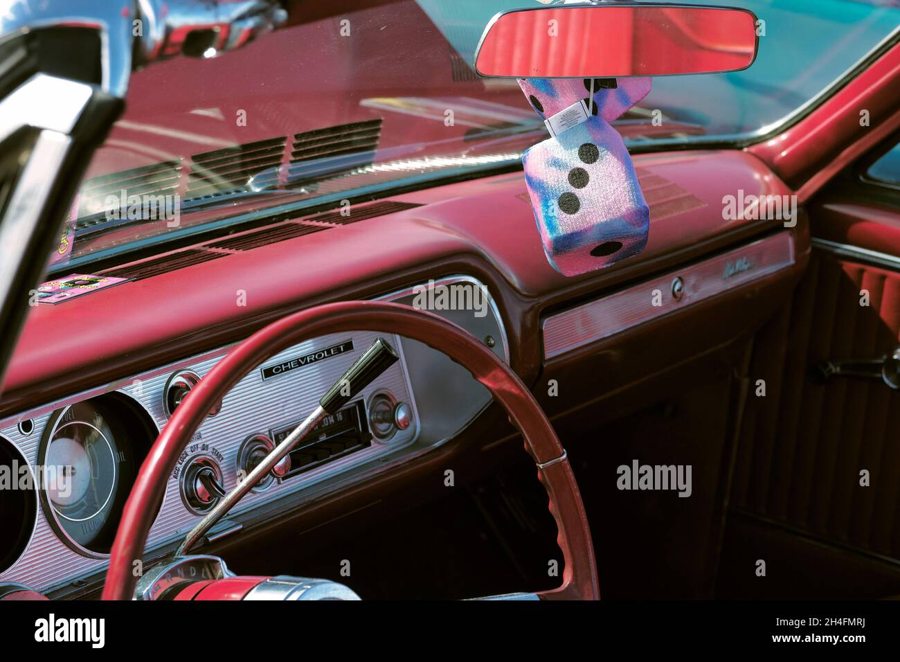 Red and chrome custom car interior on display at the 2021 Endless Summer Cruisin in Ocean City Maryland. Stock Photo