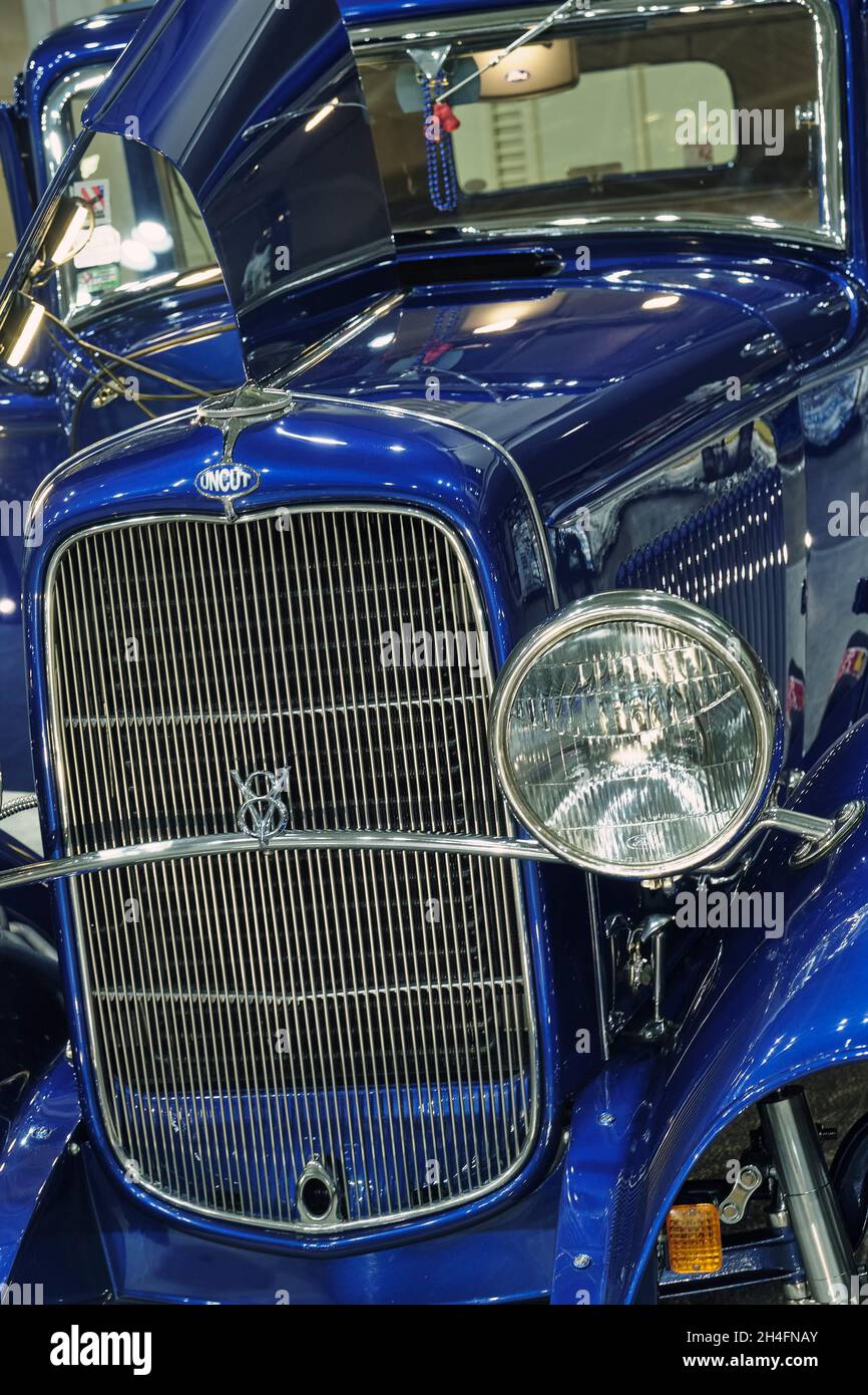 A blue antique V8 on display at the 2021 Endless Summer Cruisin in Ocean City Maryland. Stock Photo