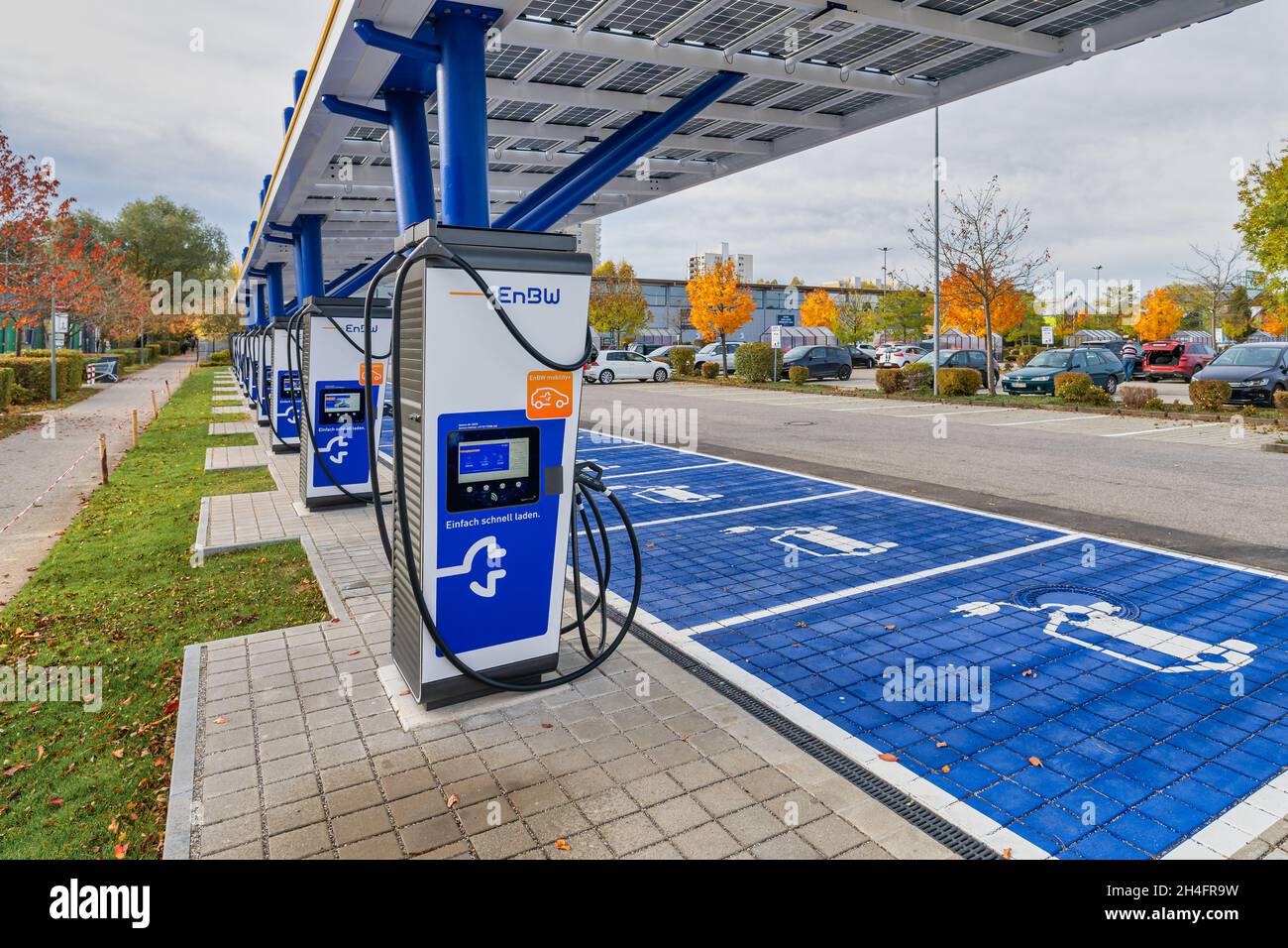The modern EnBM e-mobilty charging station in the industrial park of Unterhaching, bavaria at the 25th of octobre 2021. Stock Photo
