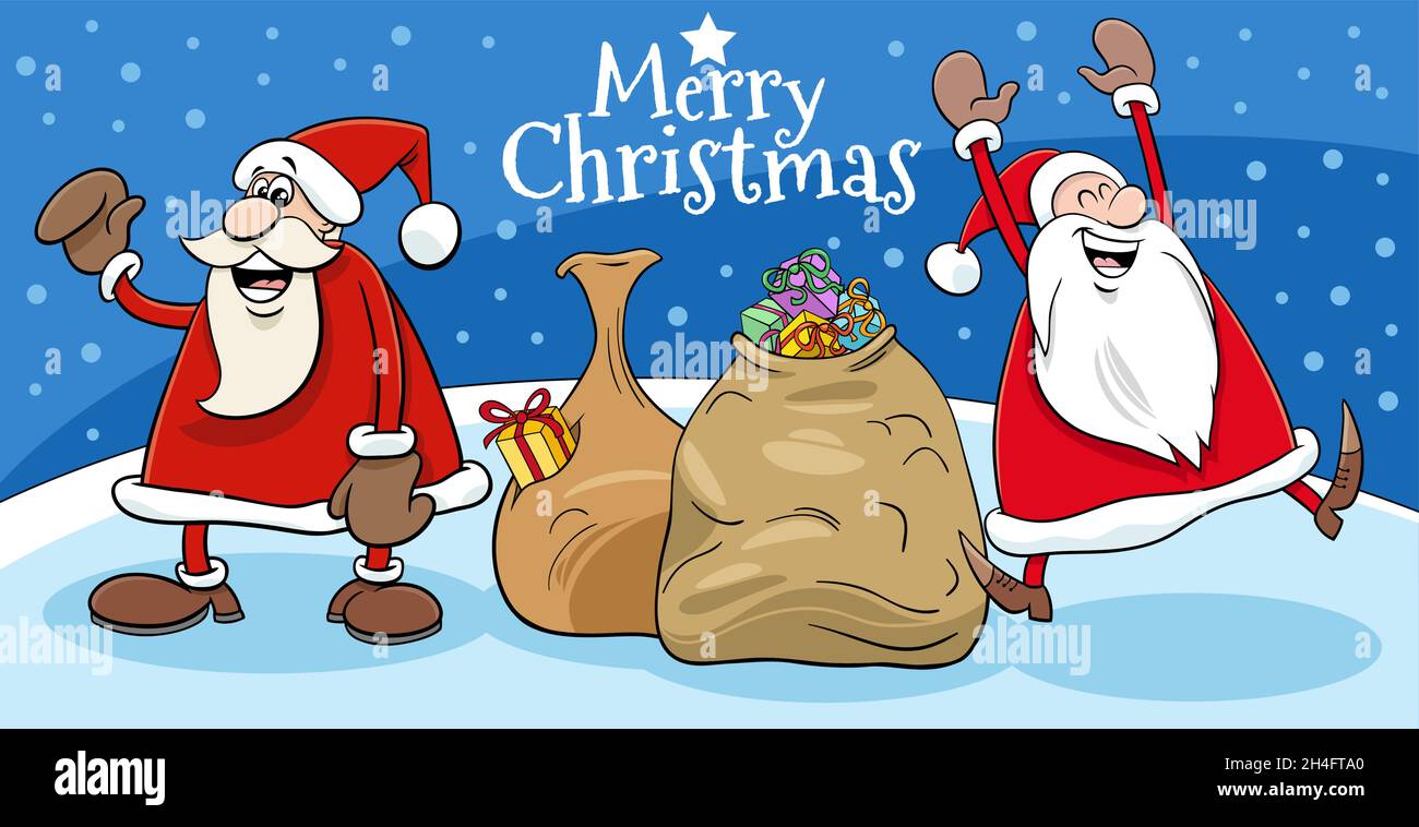 Greeting card cartoon illustration of Santa Claus characters with sacks ...