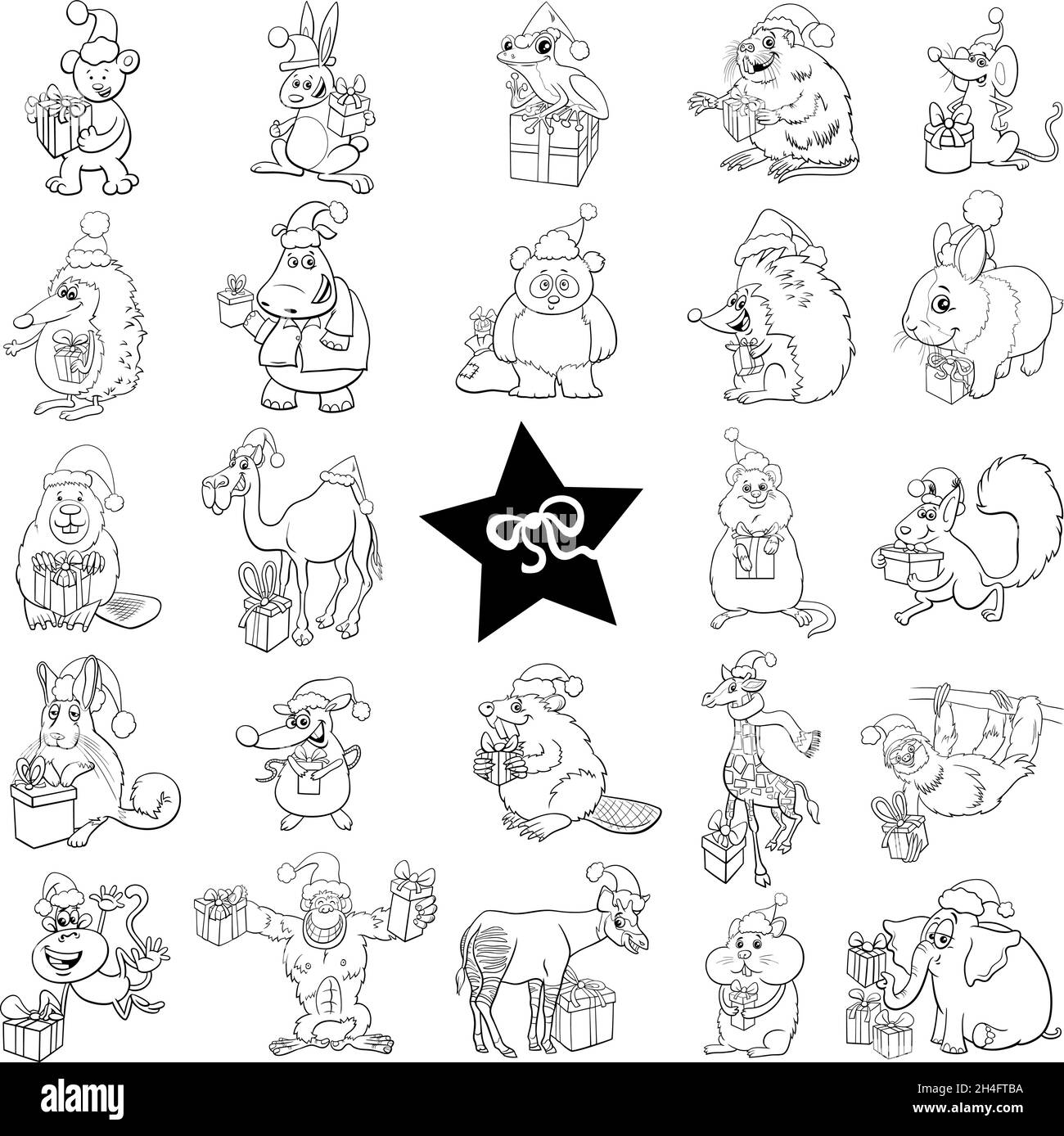 Black and white cartoon illustration of funny animal characters with presents on Christmas holiday big set Stock Vector