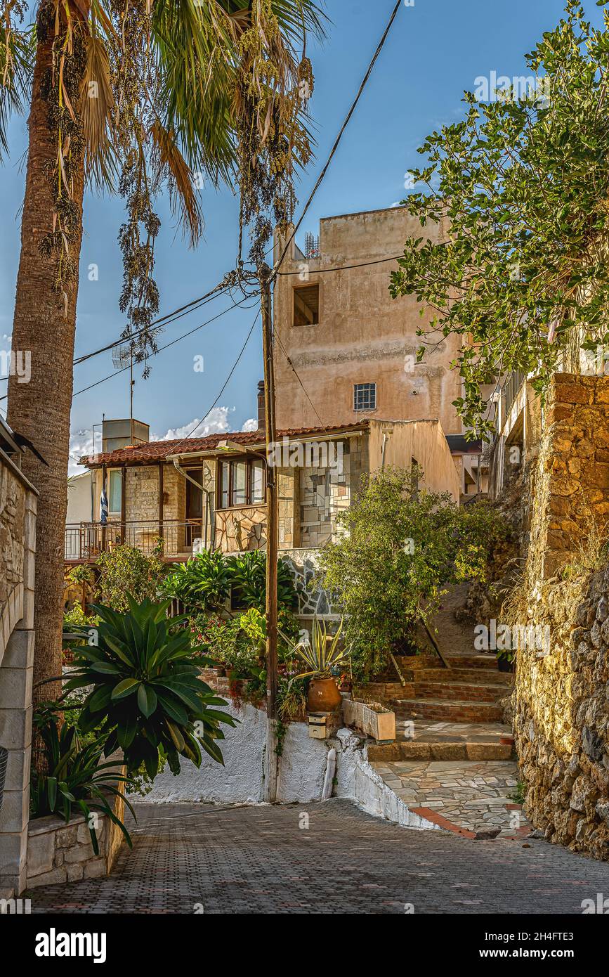 old buildings in the evening sunshine in the old town of Platanias, Crete, Greece, October 9, 2021 Stock Photo