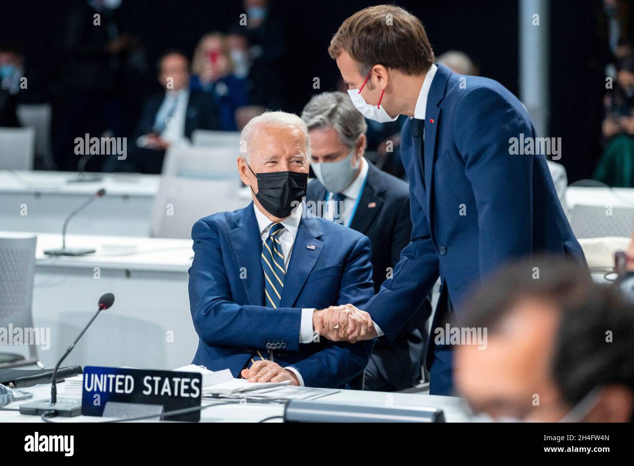 Glasgow, United Kingdom. 01st Nov, 2021. U.S President Joe Biden greets French President Emmanuel Macron, right, during the first day of the COP26 U.N. Climate Summit at the Glasgow Science Centre November 1, 2021 in Glasgow, Scotland.Credit: Adam Schultz/White House Photo/Alamy Live News Stock Photo