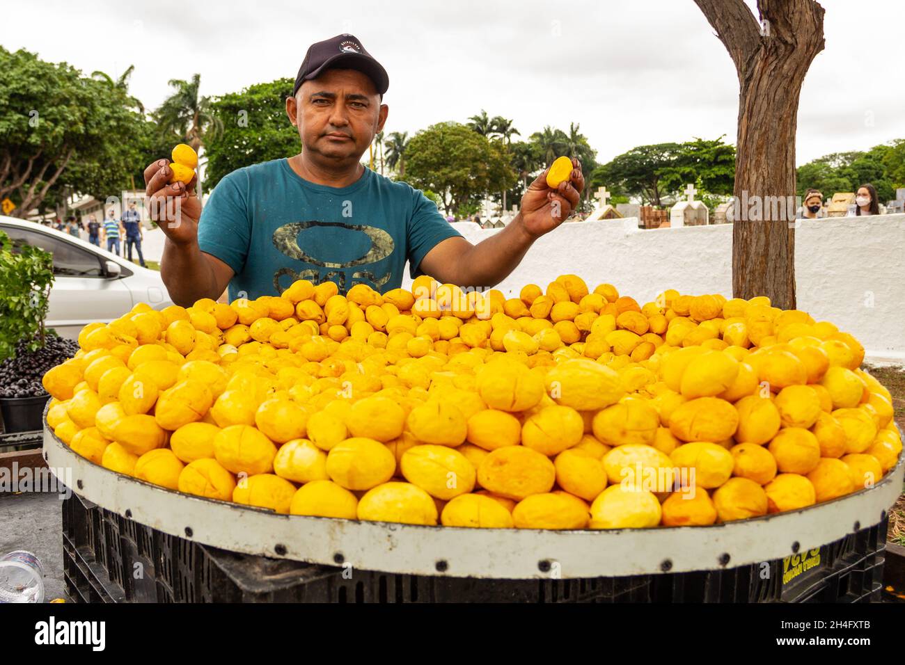 Seller with pequi stand on the street. Pequi, a typical fruit from the Brazilian cerrado. Pequi seller. Stock Photo