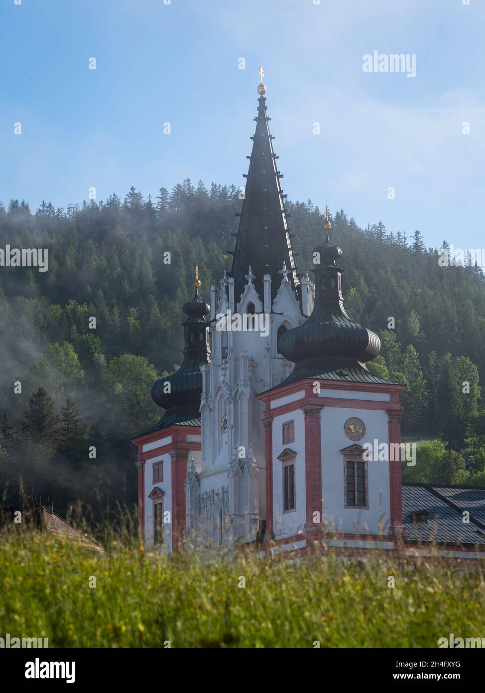 Basilica of the Birth of the Virgin Mary in Mariazell (Austria), foggy ...