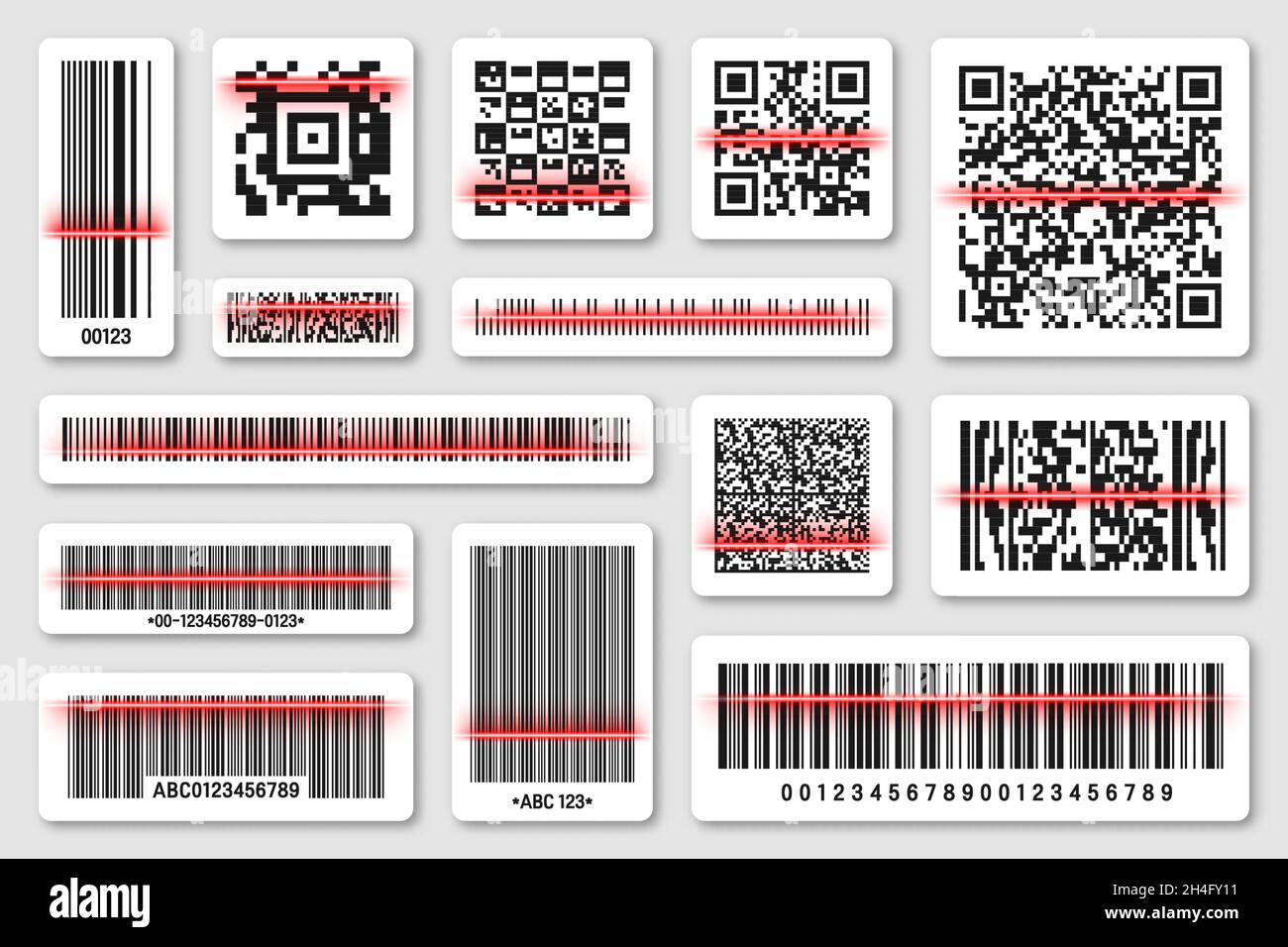 Product barcodes and QR codes with red scanning line. Identification